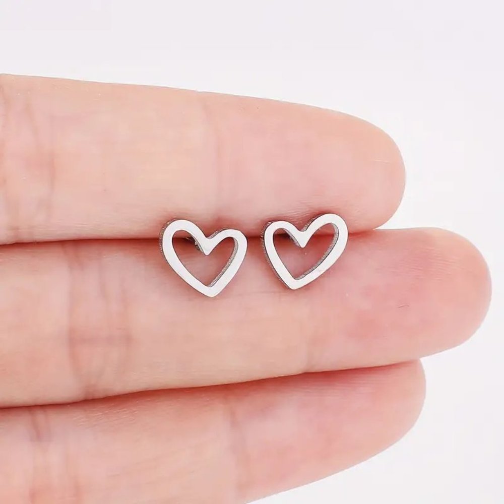 Silver Stainless Steel HEART Stud Earrings - Picture 2 of 2